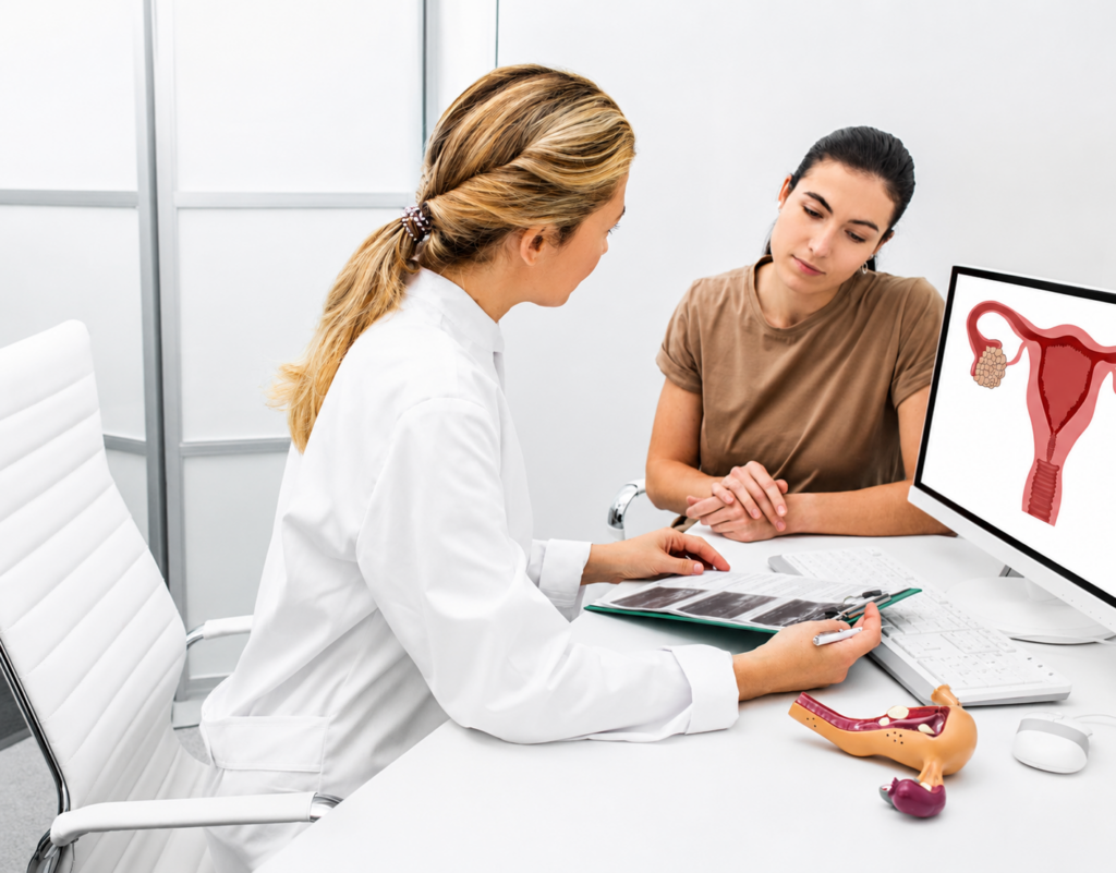 Woman learning about normal white vaginal discharge and reproductive health