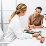 Woman learning about normal white vaginal discharge and reproductive health