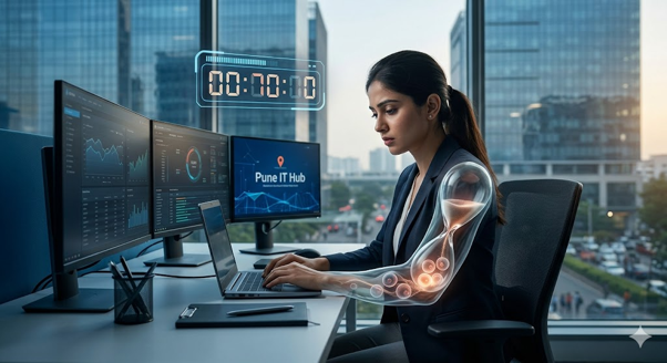 Young IT professional working at a desk in Hinjewadi Pune with fertility and ovarian health awareness concept