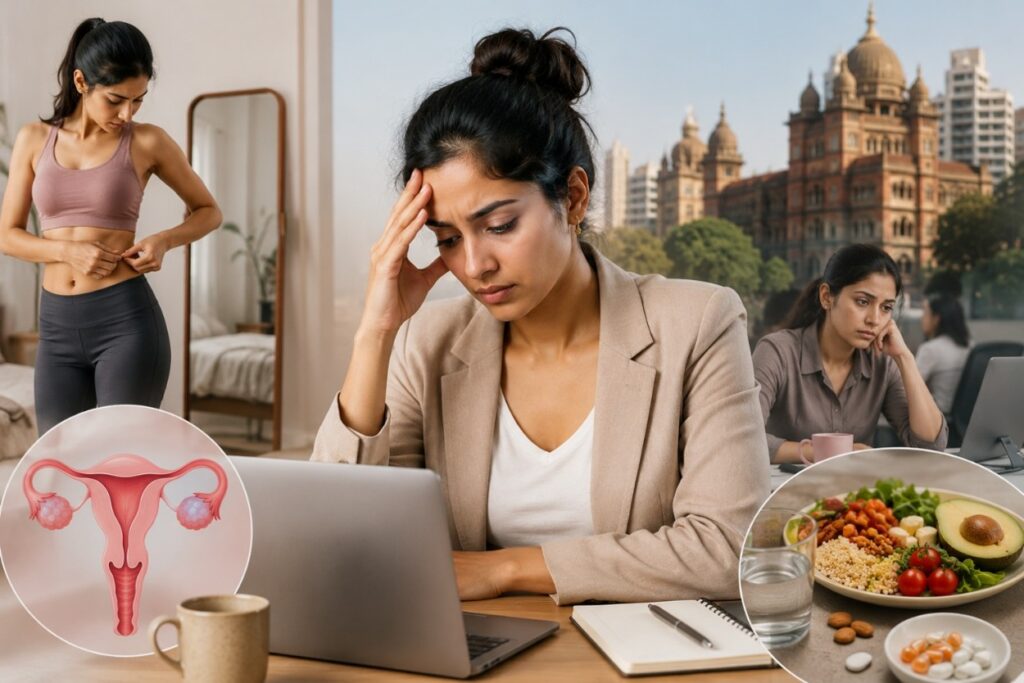 Lean professional woman with PCOS symptoms despite normal weight highlighting hormonal imbalance and metabolic health concerns