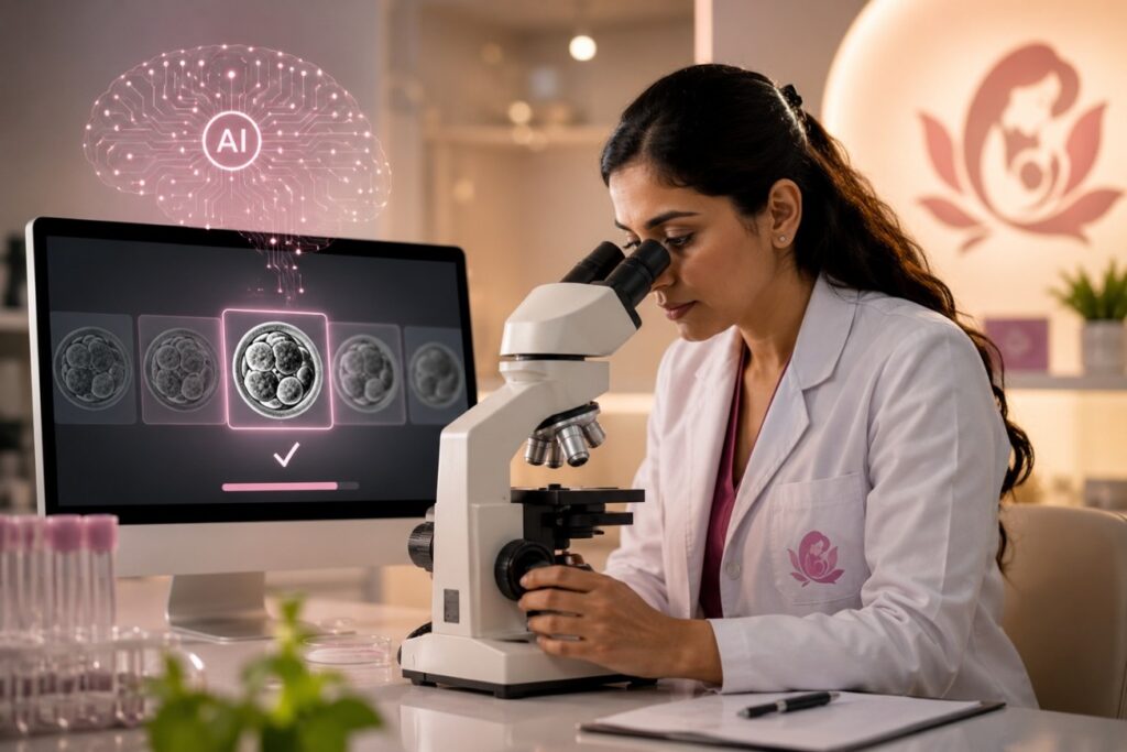 AI-assisted embryo selection technology analyzing embryo development during an IVF procedure