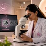 AI-assisted embryo selection technology analyzing embryo development during an IVF procedure