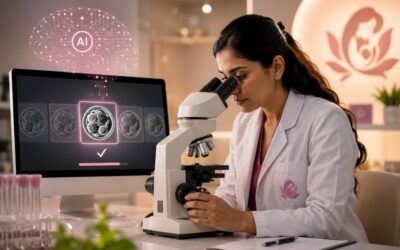 AI-assisted embryo selection technology analyzing embryo development during an IVF procedure