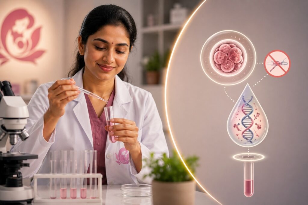 Embryologist performing niPGT non-invasive embryo genetic testing using IVF culture media in a Pune fertility laboratory