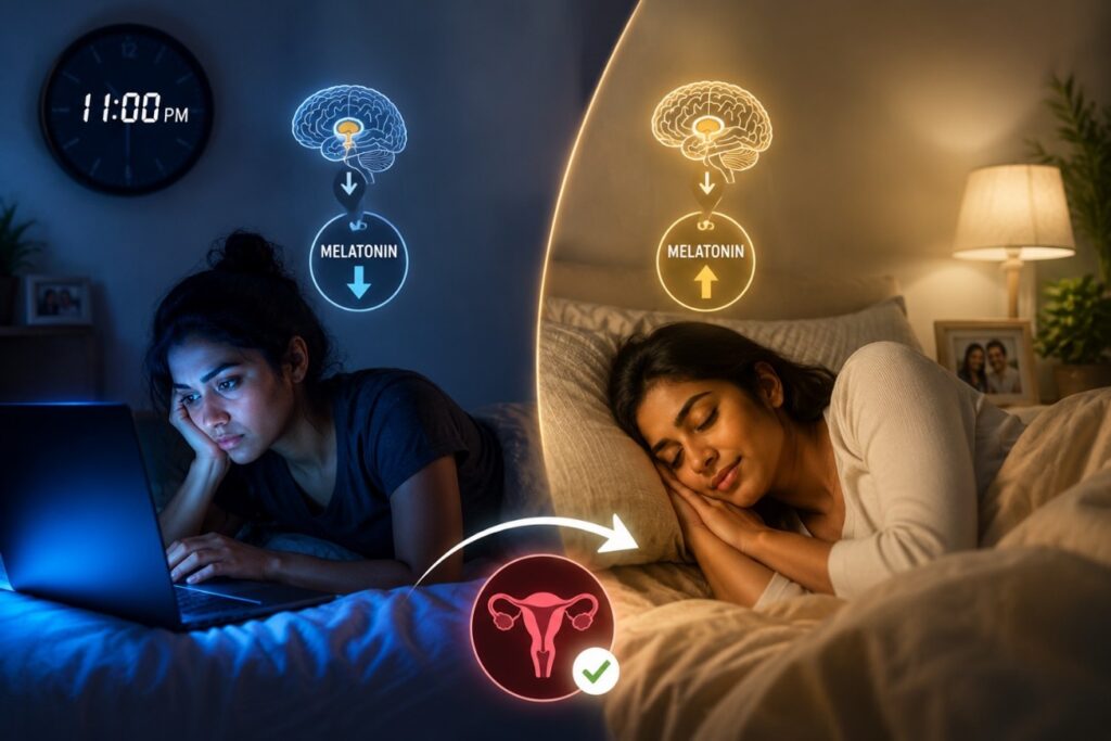 Woman using a laptop late at night with blue screen light affecting melatonin production and fertility health