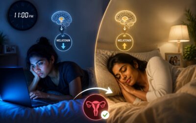 Woman using a laptop late at night with blue screen light affecting melatonin production and fertility health
