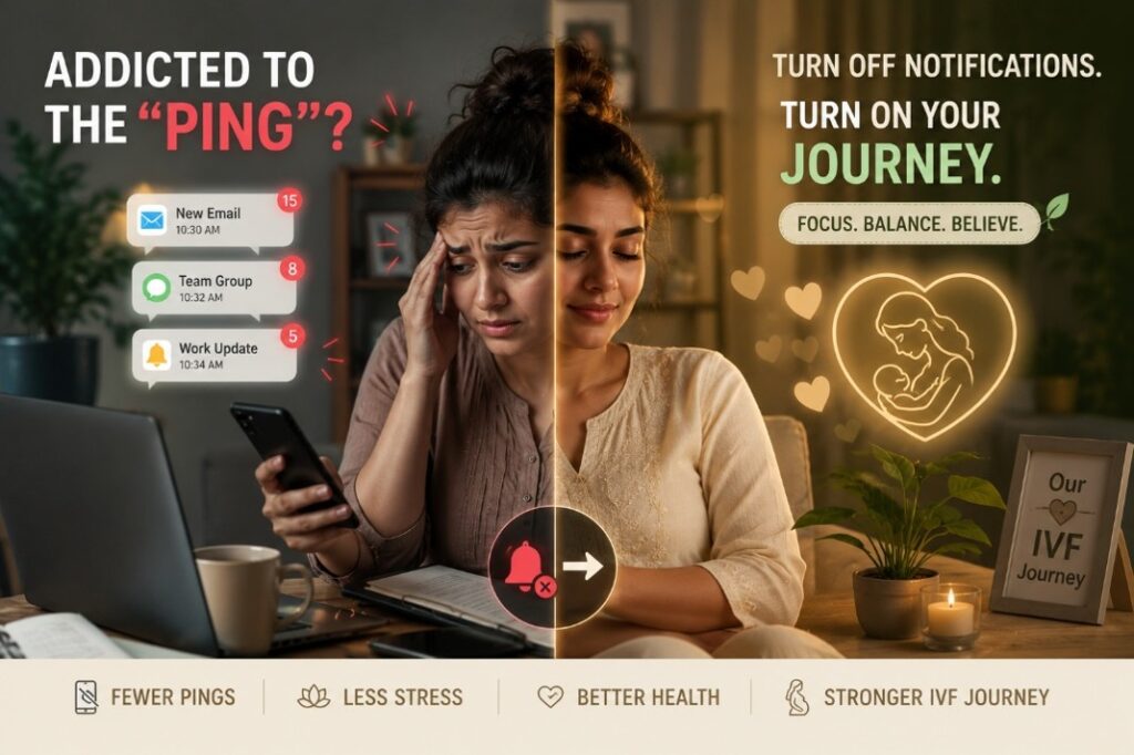 Woman undergoing IVF treatment turning off smartphone work notifications to reduce stress and support fertility