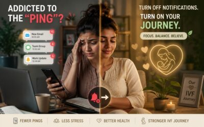 Woman undergoing IVF treatment turning off smartphone work notifications to reduce stress and support fertility