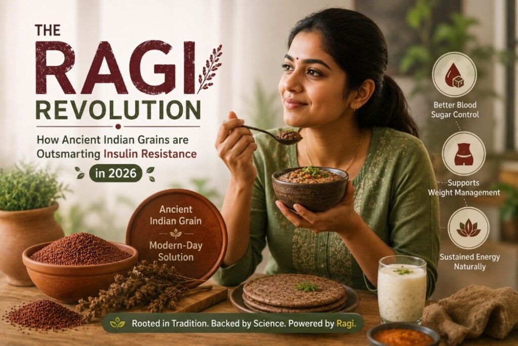 Fresh ragi grains and ragi roti showing benefits for insulin resistance and blood sugar control