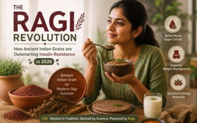 Fresh ragi grains and ragi roti showing benefits for insulin resistance and blood sugar control