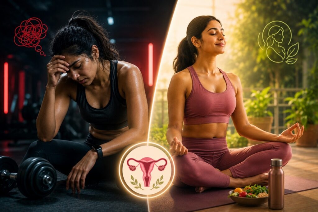Woman with PCOS performing strength training and walking exercise for hormonal balance and insulin sensitivity