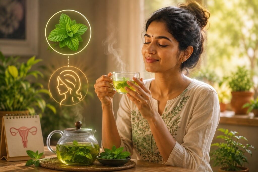 Cup of spearmint tea with fresh mint leaves representing a natural approach to PCOS and hormone balance