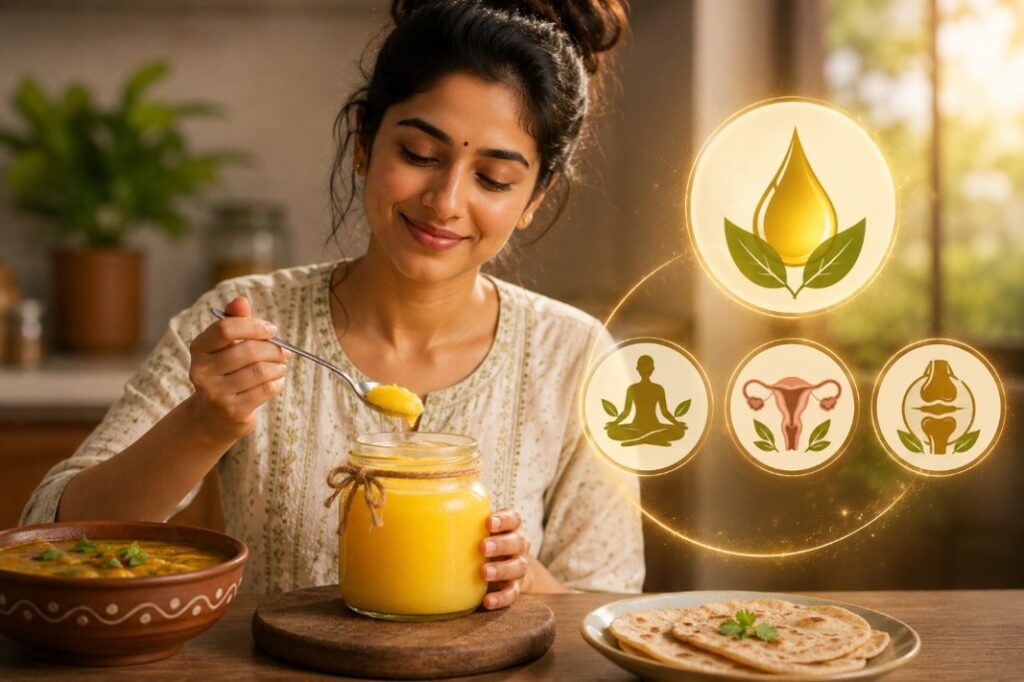 Traditional A2 ghee in a glass jar with a spoon highlighting healthy fats for hormonal balance and anti-inflammatory nutrition