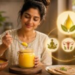 Traditional A2 ghee in a glass jar with a spoon highlighting healthy fats for hormonal balance and anti-inflammatory nutrition