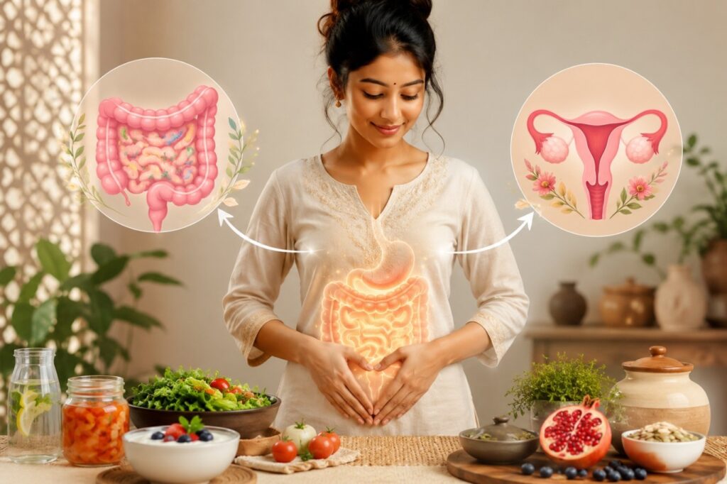 Healthy gut microbiome illustration showing the connection between gut health, hormones, and PCOS management