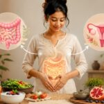 Healthy gut microbiome illustration showing the connection between gut health, hormones, and PCOS management