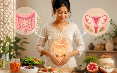 Healthy gut microbiome illustration showing the connection between gut health, hormones, and PCOS management